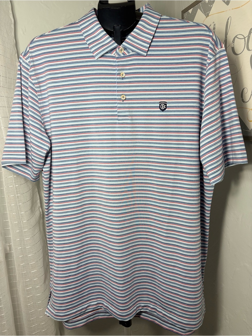 Peter Millar Summer Comfort Polo Shirt Men’s L Blue Red Stripe Short Sleeve Golf